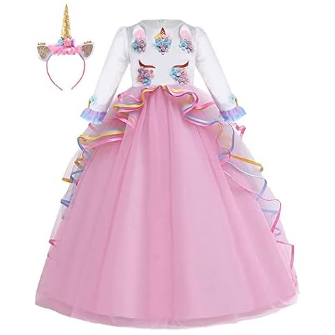 HOIZOSG Girls Unicorn Birthday Costume Princess Tulle Dress Long Sleeve Christmas Party Pageant Dance Ball Gown w/Headband Pink 4-5T Cover