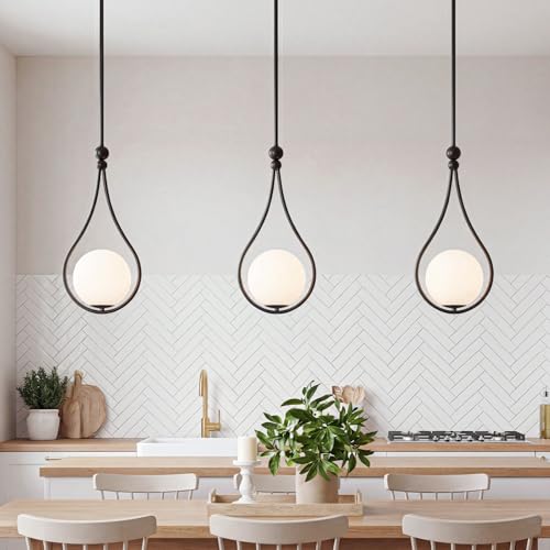 Image of Black Pendant Lights Kitchen Island with Milky White Globe Glass, 2 Pack | Mid Century Adjustable Hanging Pendant Light Fixtures