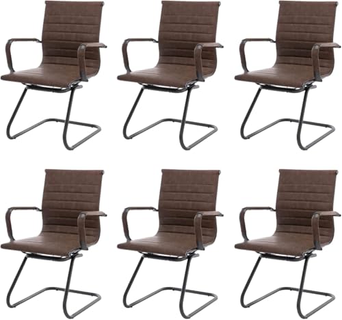 Image of HNY Leather Office Guest Chairs & Reception Chairs Set of 6, Modern Waiting Room Chairs with Arms, Desk Chair no Wheels with Sled Base for Waiting Room /Conference Room, Retro Brown