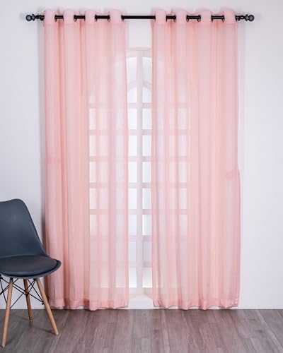 Image of (5 ft) Cotton Linen Fabric Window Curtain | Leaf Design Eyelet Window Curtain For Home | Fabric Foiling Window Curtain (Pink) | Vintage Print | For Home | ( Pack of 1) | 152 L x 121 W centimeters