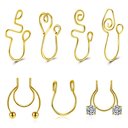 Top Plaza 7 Pcs Gold Nose Cuffs Fake Nose Rings for Women Stainless Steel Nose Clip African Nose Cuffs Set for Non Pierced Nose Non Piercing Jewelry
