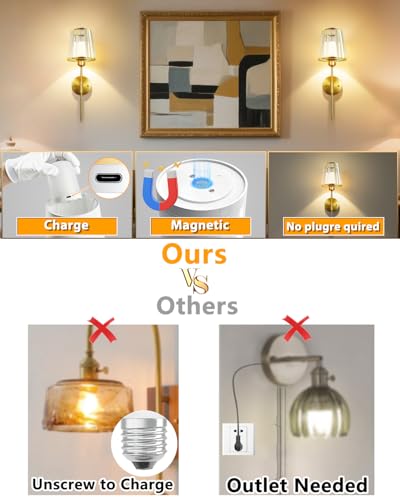 Image of Adetu 19.3 Inch Crystal Battery Operated Wall Sconces Set of 2 | 10000mAh Magnetic Bulbs, 5%-100% Dimmable, RGB Rechargeable Battery Wall Sconce with Remote Control for Bedroom Decor