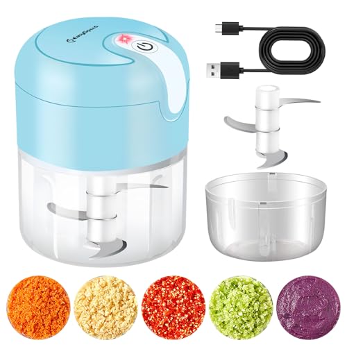 Image of EASYSPEED Electric Garlic Chopper 1Cup, Mini USB Charging Wireless Food Processor with 304 Stainless Steel, 3 Sharp Blades, Portable Kitchen Meat Grinder for Onion, Garlic, Ginger, Chili,Blue