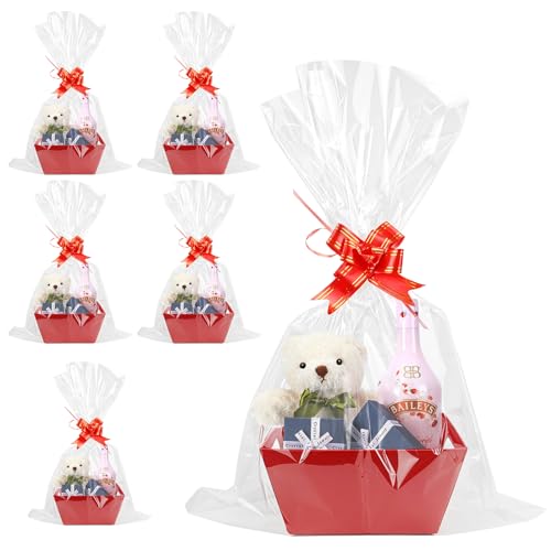 6 Set Christmas Baskets Gift Empty to Fill with Ribbons and Clear Bags for Christmas Graduation Valentines Day Easter Wedding Birthday Party Party Favors (red)