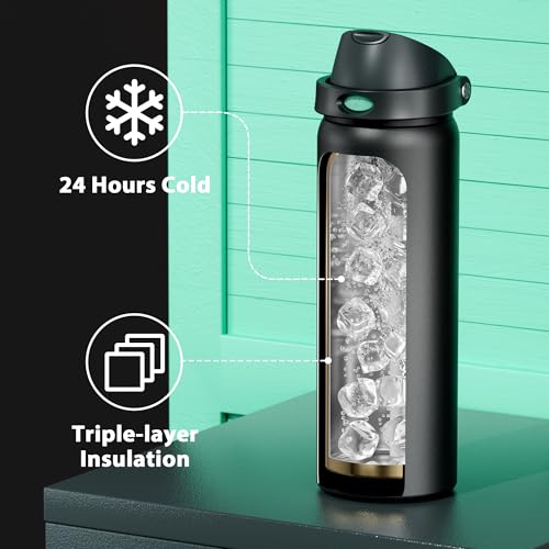 Image of 32 oz Insulated Water Bottle for Sports: Meoky Stainless Steel Water Bottle with 2-in-1 Straw and Spout Lid - Leak Proof, Cold for 24 Hours, Protective Silicone Base, BPA-Free for Gym, Foggy Tide