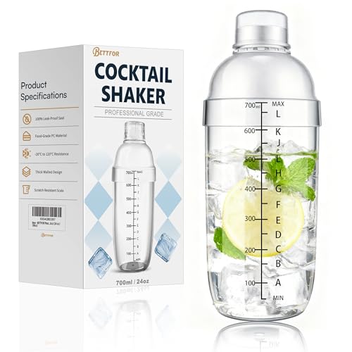 BETTFOR Plastic Cocktail Shaker with Measuring Scale 24oz (700ml), Leak-Proof & Shatter-Resistant Drink Mixer for Bartending, Protein Shakes, Iced Coffee & Milk Tea