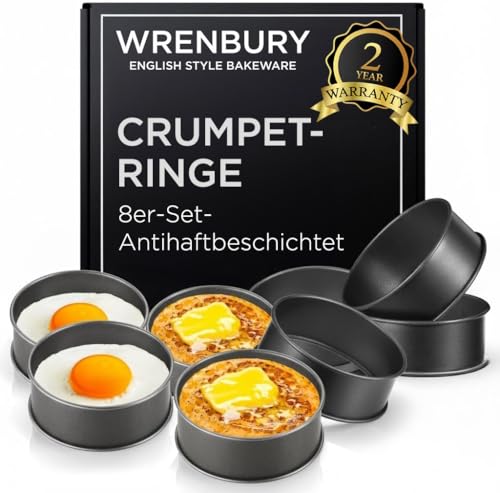 Wrenbury Juego de 8 anillos antiadherentes para huevos para freír huevos de 9 cm, moldes para panqueques ingleses para pastelería, acero al carbono, fáciles de limpiar, fabricados en Inglaterra