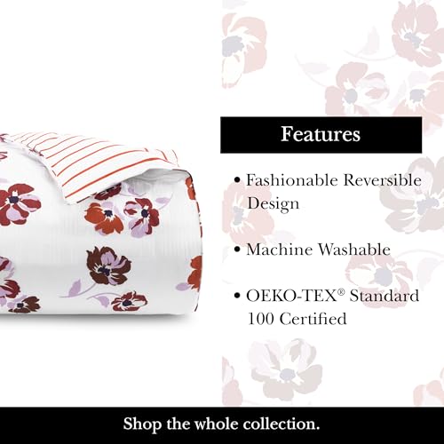 Image of kate spade new york Fall Poppies Full /Queen Comforter Set, 300 Thread Count and 100% Cotton, All Season 3 Piece Reversible Bedding Set, Machine Washable, White and Garnet