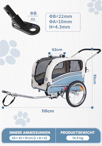 SEPNINE® Hundeanhänger für Fahrrad, 2 in1 Fahrradanhänger Hunde,Haustier Transportwagen Anhänger für Jogger und Fahrrad Kann Haustiere bis zu 30 kg tragen