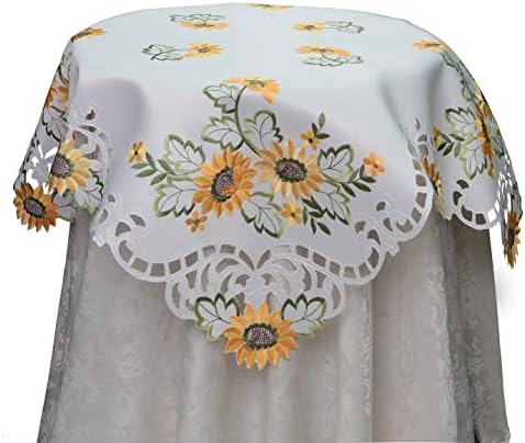 Creative Linens Sunflower Tablecloth Embroidered Cutwork Table Cloth 33x33 Square Topper White