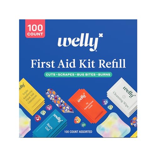 Welly First Aid Kit Refill Carton | Includes Individual Bandages Cleansing Wipes Antibiotic Packets Burn Gel Hydrocortisone Cream and Bug Bite Relief Patches | 100 ct