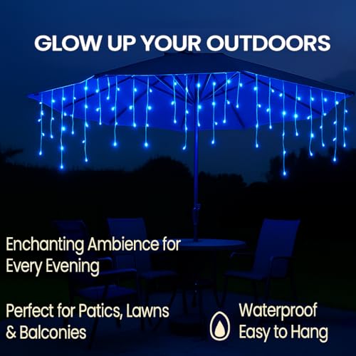 Image of MIRADH Icicle Diwali Lights Outdoor, 10ft 96 LED with 16 Drops Icicle Lights, Plug in Lights with 8 Modes Waterproof for Decoartion Light for Diwali, Christmas, Birthday, Ganesh Puja (Blue)