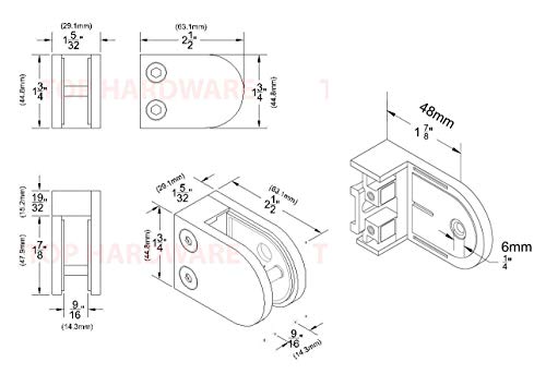 Image of 40-Pack, Stainless Steel 316 Grade Flat Back Round Glass Clamp 63 x 45 mm for 3 /8 inch - 1 /2 inch Tempered Glass or Laminated Glass, Satin Finish (GC-064S-40)