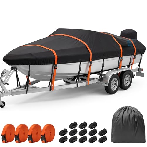 Kohree Boat Cover 16-18.5ft Heavy Duty 1200D Marine-Grade Waterproof Extra 4 Extended Straps Trailerable & Wind-Resistant Fits V-Hull Fish & Ski Pro-Style Runabout Bass Boats up to 94 Wide