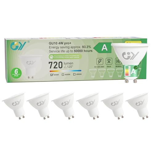 GY Bombilla Led GU10 4W(Equivalente a 60W), Luz Blanca Cálida 3000K, 720 Lúmenes, Ángulo de haz de 110°, No Regulable, Bombilla Bajo Consumo Clase A, Pack de 6