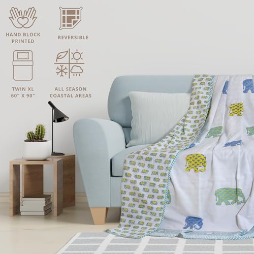 Image of TOAIArt Premium Jaipuri Dohar | AC Blanket Summer Quilt | Hand Block Printed | 3 Layers | Reversible | 150GSM 100% Mulmul Cotton | 100% Cotton Flannel Filling | Single 60 inch X 90 inch | Multicolor Elephant