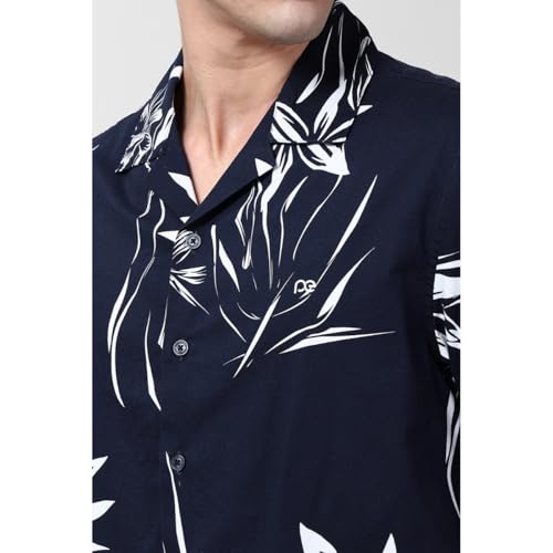 Image of Peter England Men's Cotton Blend Classic Fit Floral Print Casual Shirt | Cuban Collar, Half Sleeves | Casual Wear