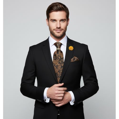Image of 5PCS Tie and Pocket Square for Men, Silk Necktie and Handkerchief Cufflinks with Gold Ring and Lapel Pin Set