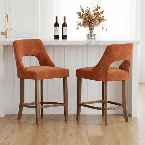 Image of UVV Bar Stools Set of 2, Upholstered Counter Height Bar Stools, Modern Counter Stools with Wood Legs for Kitchen Island Dining Room Bar, Orange