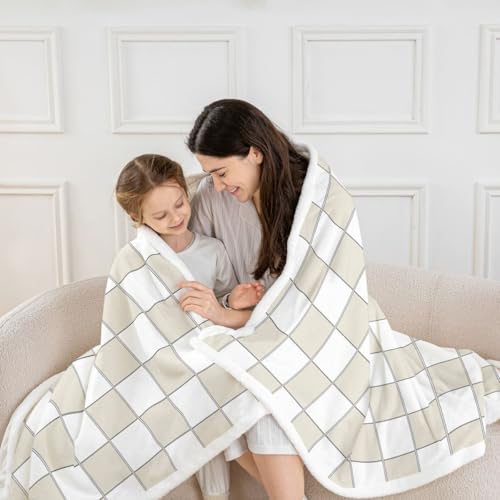 Image of Erosebridal Plaid Fleece Blanket Queen 90 inchx90 inch Beige White Checkerboard Sherpa Blanket Geometric Checkered Fuzzy Plush Throw for Kids Boys Girls,Aesthetic Grids Decor for Bed Couch
