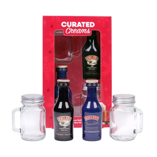Baileys 5cl Duo Tasting Set. Including Bailey's Original (17% ABV), Chocolate Irish Cream (15.7% ABV) with Two Mini Mason Jar Shot Glasses. Gift Set by Blue Tree