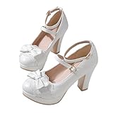 MEOTINA Cute Bow Heels Bridal Mary Janes Shoes Women Dress Platform Strappy High Heels Lace Kawaii Shoes White