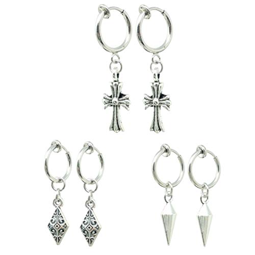 【Puente】 ピアス穴不要 フェイクピアス クロス クロスピアス 十字架 スパイク ダイヤ型 菱形 ノンホール イヤリング シルバー フープピアス リング イヤーカフ メンズ レディース (3セット(十字架、ダイヤ型、スパイク))