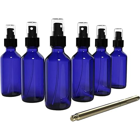 Culinaire 6 Pack Of 4 Oz Blue Glass Bottles With Spray Tops And Gold Glass Pen Cover