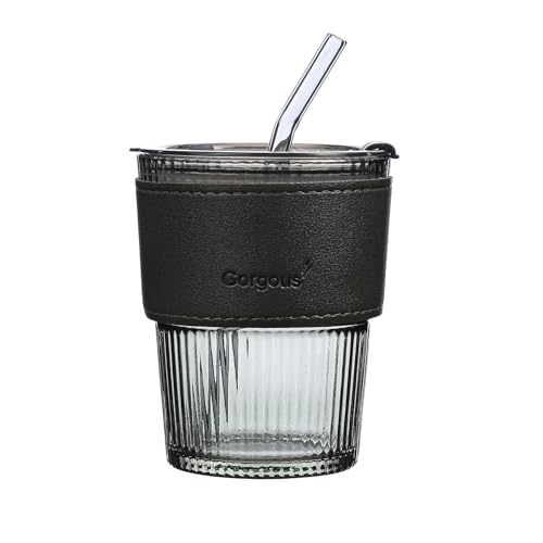 Image of Glass Coffee Sipper Mug with Leather Grip, Clear Drinking Glasses Tumblers with Straws and Lids for Iced Tea, Juice, Cocktail, Smoothies Drinks Cups (400ML, Pack of 1)