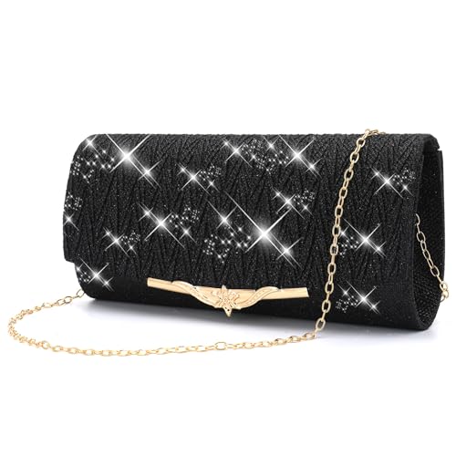 Pardofelis Abendtasche Damen Clutches, Clutch Schwarz Glitzer Satin, Abendkleid Clutch Bag mit Abnehmbarer Kette Cross Body Bag, Elegante Kristall Diamant Abendtasche für Hochzeit Prom Party (Schwarz)