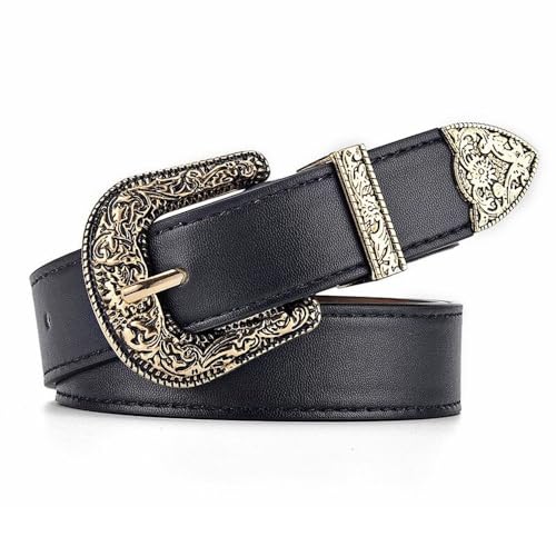 HYYZZC Vintage damesriem met gesneden naaldgesp, herenriem punk hiphop rock stijl, PU lederen jeansriem, zwarte gouden gesp, 105 cm, Zwarte gouden gesp, 105CM