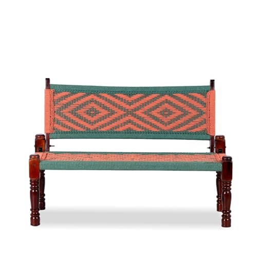 Image of Srima Wooden Bench for Living Room | Handcrafted Sheesham Wood Backrest Bench for Balcony & Garden | Traditional Rajasthani Patio for Outdoor with Cotton Handwoven Rope | Green and Orange