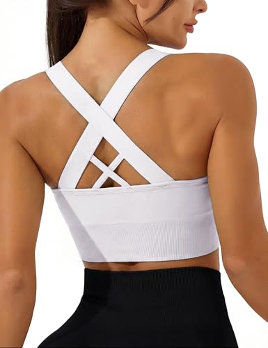 Leversic Sujetador Deportivo de Impacto Medio para Mujer Sin Aros con Relleno Extraíble con Espalda Cruzada para Yoga(Blanco,L)