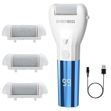 BarberBoss Lima elettrica impermeabile per calli, ricaricabile, per talloni e suole, 3 teste a rullo, display a LED, impostazioni a doppia velocità e luce integrata, strumento per pedicure per piedi