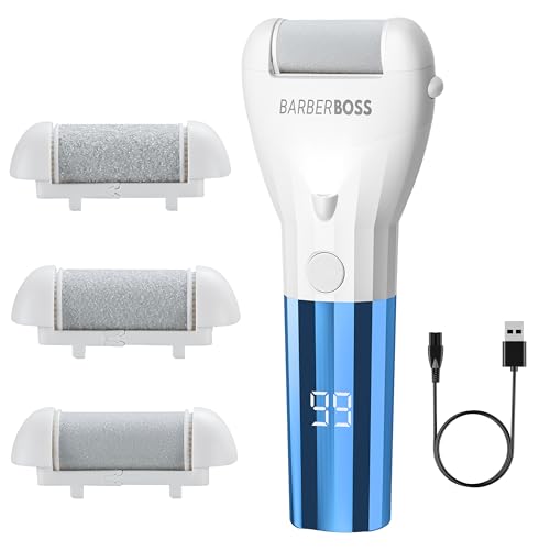 BarberBoss Removedor de callos eléctrico impermeable, lima de pies recargable para talones y suelas, 3 cabezales de rodillo, pantalla LED, ajustes de doble velocidad y luz integrada