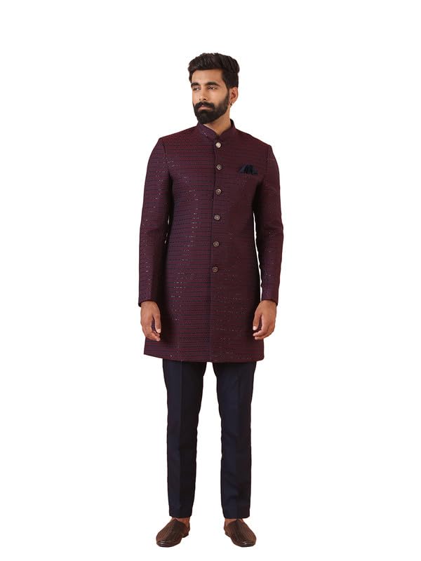 Mens Indo-Western Sherwani Trouser Set|Silk Blend Fabric Jacquard Pattern Mens Ethnic Wear|Regular Fit Mandarin Collar Long Sleeves-image-11
