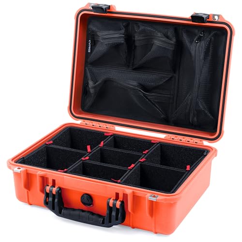 ColorCase Pelican 1500 Case Orange - Medium Size Waterproof Case with TrekPak Divider & Mesh Lid Organizer - Black Handles & Latches