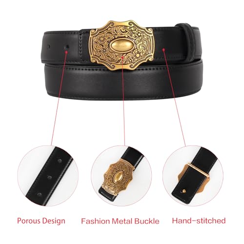 Image of Women's Fashion Classic Metal Buckle Leather Belt with Jeans Dress