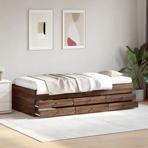 LoogCape Cama de día con cajones, efecto roble marrón, 100 x 200 cm, sofá cama extensible, resistente estructura de cama con 6 cajones de almacenamiento, mueble versátil para dormitorio y sala de