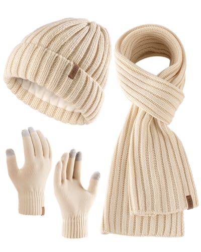 FURTALK Winter Warm Beanie Knit Hat Touchscreen Gloves Scarf Set Soft Fleece Lined Double Layer Skull Cap Gifts for Women