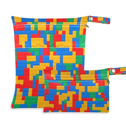 Hezely Building Blocks 2 Pack Cloth Diaper Wet Dry Bags,Waterproof Wet Bag for Baby,Travel, Beach, Pool, Diapers, Dirty Yoga Gym Clothes