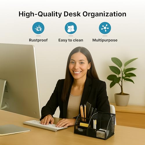 Image of The Better Home Desk Organizer | Metal Mesh Design | 6 Compartments & Small Drawer | Pen & Pencil Holder | Stationery Storage Box | Office & Study Table Organizer | Black
