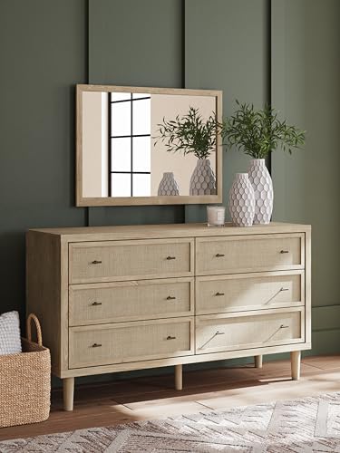 Image of Signature Design by Ashley Cielden 6 Drawer Dresser, Quick 10-Minute Assembly, Textured Cane Details, Coastal Modern Bedroom Storage, Light Brown Two-Tone