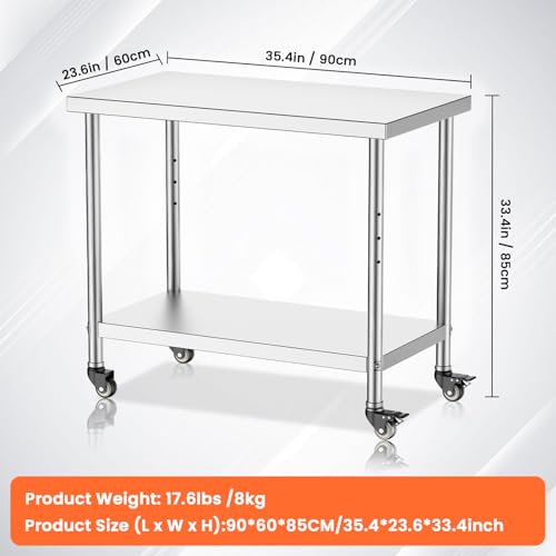 VANATIEN Stainless Steel Work Table with Wheels, 35.4 x 23.6 Inch Heavy Duty Rolling Cart, 2 Tier Adjustable Shelf Kitchen Cart Microwave Cart for Home Garage Commercial Outdoor Use — view 6