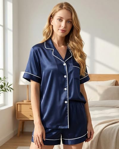 Image of HONGTEYA Pajamas for Women Set Silk Satin Pjs Lounge Shorts Set S-XXL
