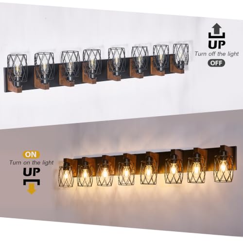 Image of RVONOW 8-Light Farmhouse Bathroom Light Fixtures with Metal Shade | Rustic Bathroom Vanity Light with E26 Base for Bedroom Living Room Hallway, Black
