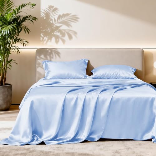 Image of Soft and Silk Satin Bedsheet for Single Bed - 400 TC Romantic Bedsheet Set for Bedroom | Bridal Wedding Bedsheet with Pillow Cover | Ideal for Gifting Sky Blue, Single Bed