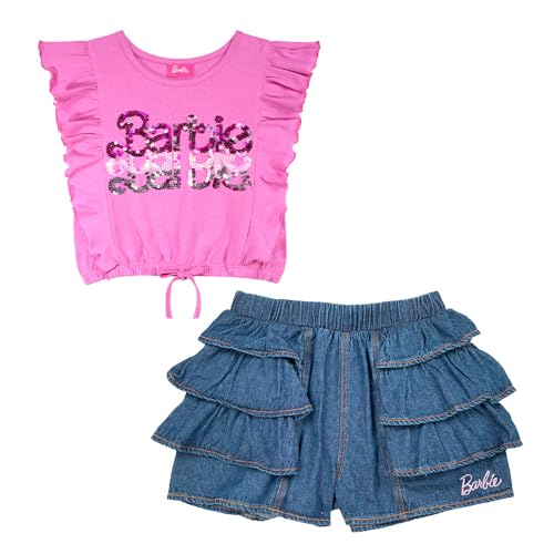 Listado de Ropa Niña al mejor precio. 47 Conjunto Barbie Falda Short + Playera Lentejuelas Fucsia Azul, Talle 12
