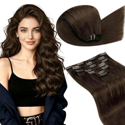 LaaVoo Human Hair Extensions Clip in Real, Medium Brown Hair Extensions for Quick Volume, Silky Straight, Natural Clip in Human Hair, 120g 20 inch 7pcs