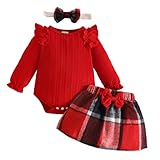 LUVCES Conjunto 3 Piezas para Niña Recién Nacida Mono de Punto de Manga Larga con Falda a Cuadros para Otoño e Invierno Ropa Navideña para Niña 3Pcs de Navidad roja 12-18 Meses